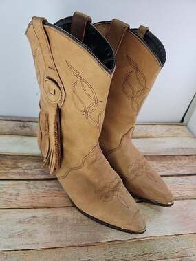 OAK TREE FARMS Womens Cowboy Western Fringe Boots Tan Leather Size 8